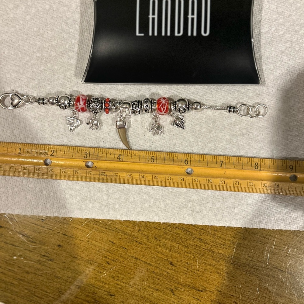 Landau Silver and Red Chain Link Bracelet with Charms